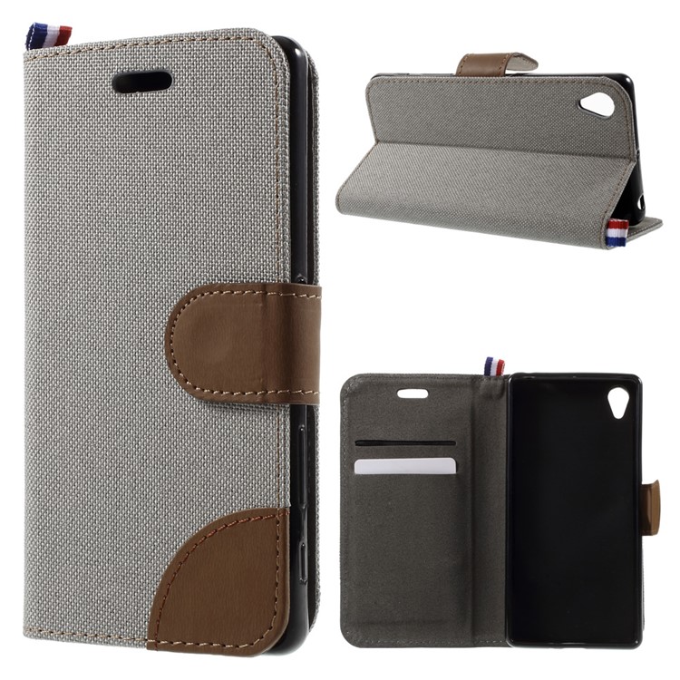 Denim Fabric Leather Cover Stand Case for Sony Xperia XA / XA Dual - Grey-1
