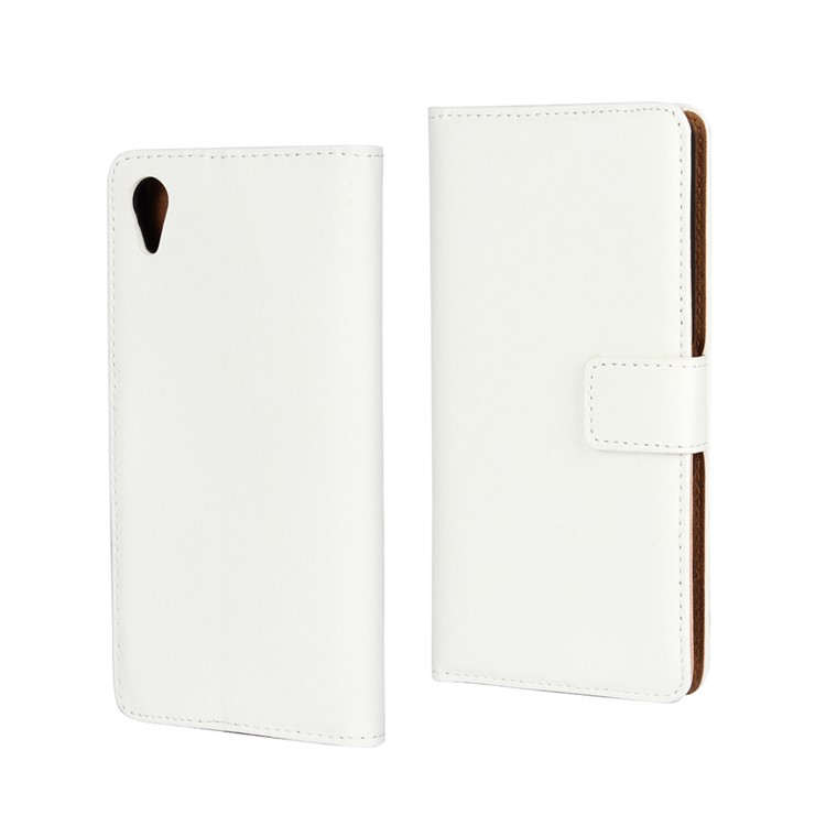 Genuine Split Leather Wallet Stand Cover for Sony Xperia X - White-1