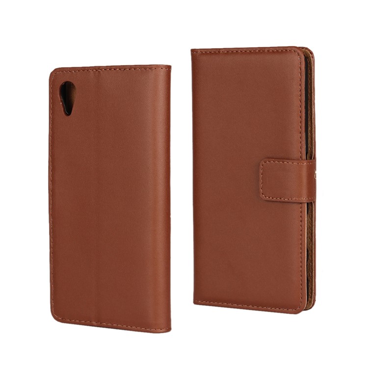 Genuine Split Leather Wallet Stand Case Cover for Sony Xperia X - Brown-1