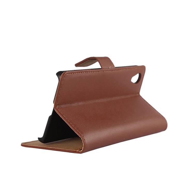 Genuine Split Leather Wallet Stand Case Cover for Sony Xperia X - Brown-2