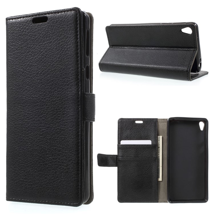 Litchi Texture Leather Wallet Stand Case for Sony Xperia E5 - Black-1
