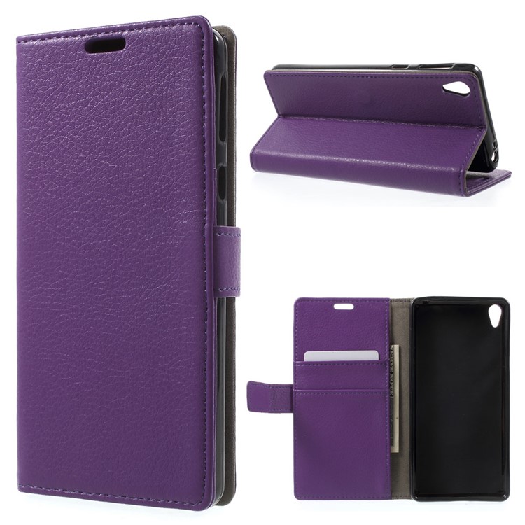 Litchi Texture PU Leather Phone Shell for Sony Xperia E5 - Purple-1