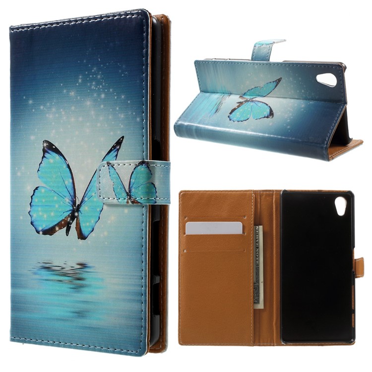 Pattern Printing Wallet Leather Shell for Sony Xperia X - Blue Butterfly-1