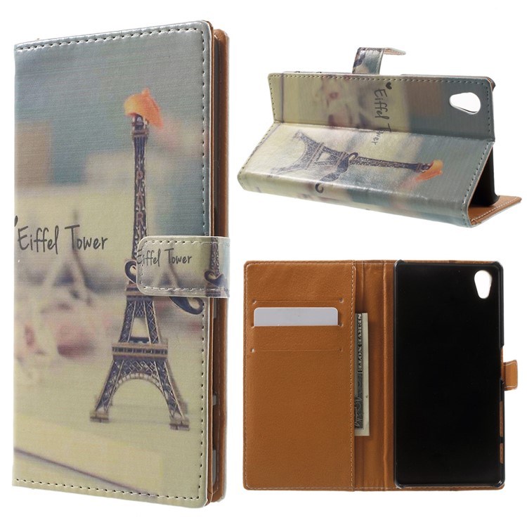 Pattern Printing Leather Card Holder Shell Case for Sony Xperia X - Eiffel Tower-1