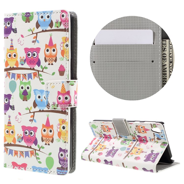 Patterned Leather Wallet Case for Sony Xperia E5 - Owl Family-1