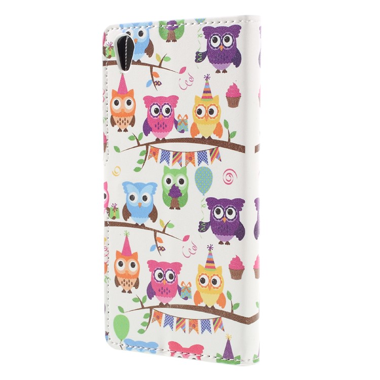 Patterned Leather Wallet Case for Sony Xperia E5 - Owl Family-2