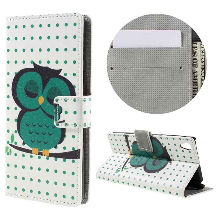 Patterned Leather Wallet Case for Sony Xperia E5 - Dozing Owl-1