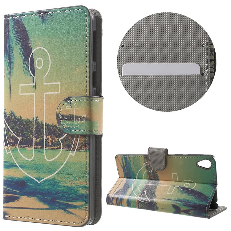 Leather Wallet Stand Protective Case for Sony Xperia E5 - Anchor and Sea-1