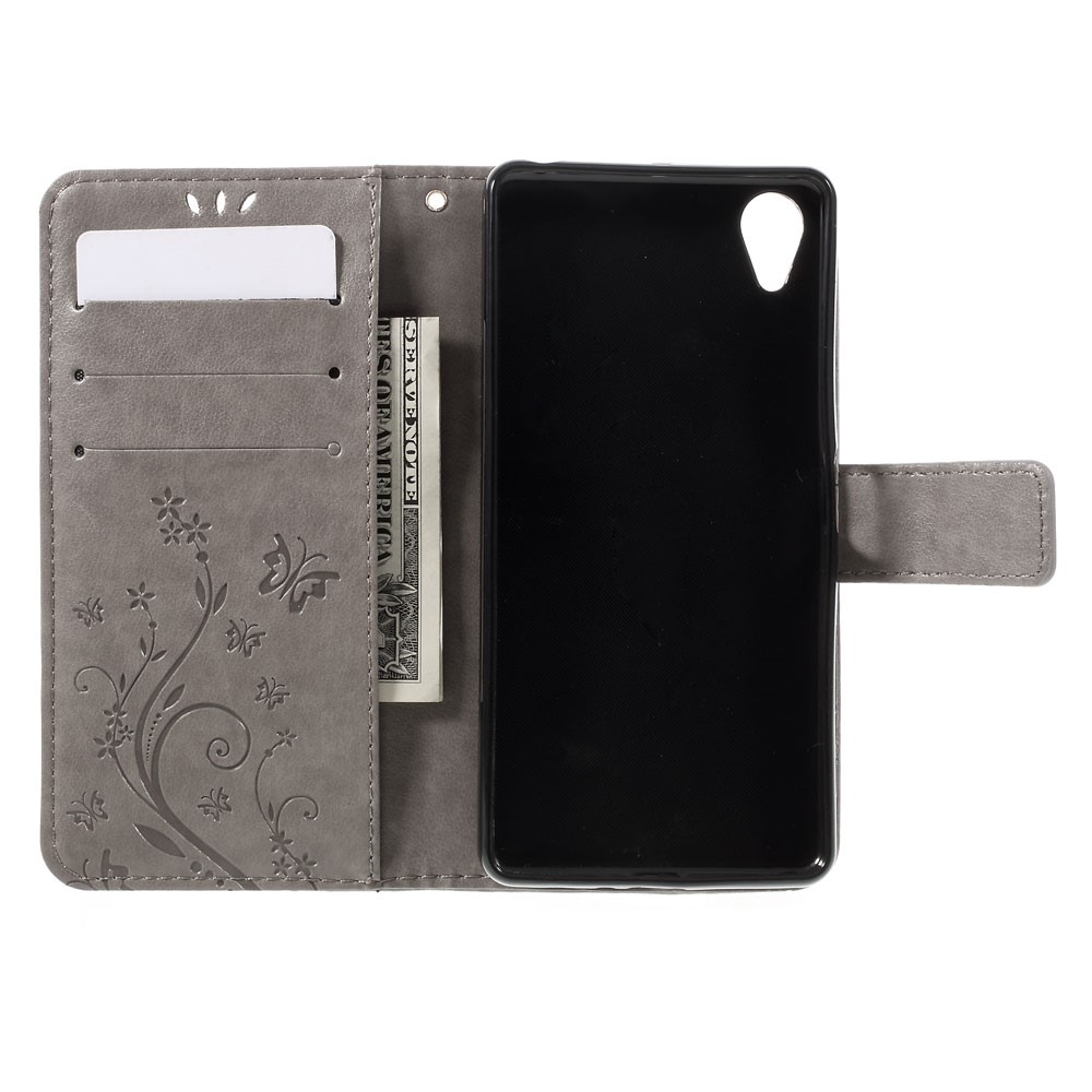 Butterfly Impressed Leather Wallet Flip Case Para Sony Xperia X Performance - Cinza