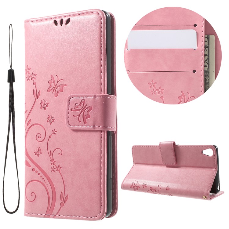 Imprint Butterfly Card Holder Stand Leather Case for Sony Xperia XA / XA Dual - Pink-1