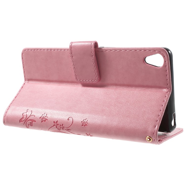 Imprint Butterfly Card Holder Stand Leather Case for Sony Xperia XA / XA Dual - Pink-3