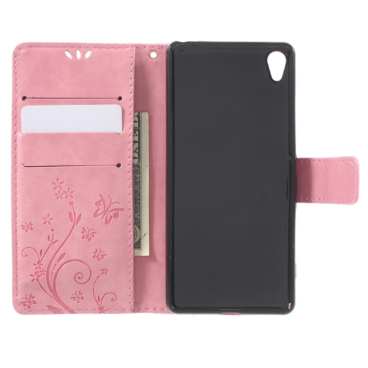 Imprint Butterfly Card Holder Stand Leather Case for Sony Xperia XA / XA Dual - Pink-4
