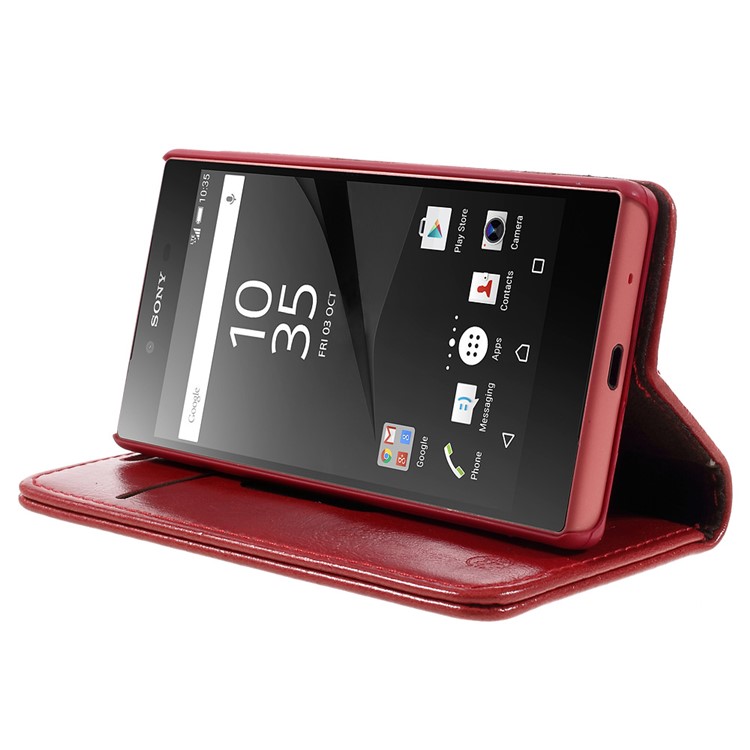 CASEME Oil Wax Crazy Horse Leather Wallet Case Cover for Sony Xperia Z5 Compact - Red-4