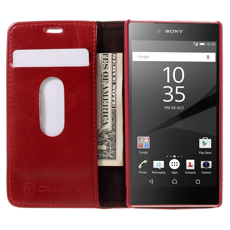 CASEME Oil Wax Crazy Horse Leather Wallet Case Cover for Sony Xperia Z5 Compact - Red-6