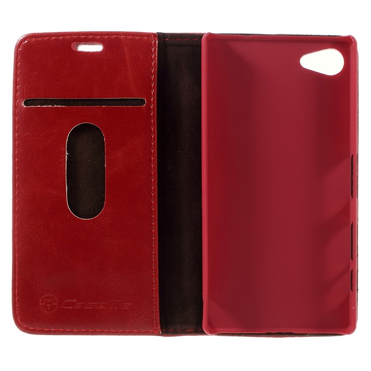 CASEME Oil Wax Crazy Horse Leather Wallet Case Cover for Sony Xperia Z5 Compact - Red-7