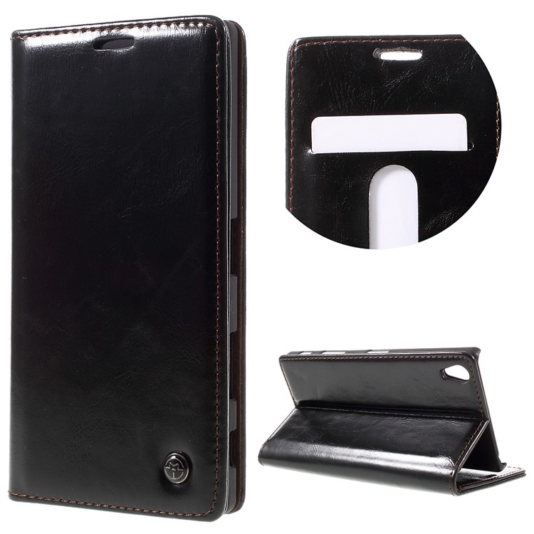 CASEME Oil Wax Crazy Horse Wallet Leather Stand Case for Sony Xperia Z5 Premium / Premium Dual - Black-1
