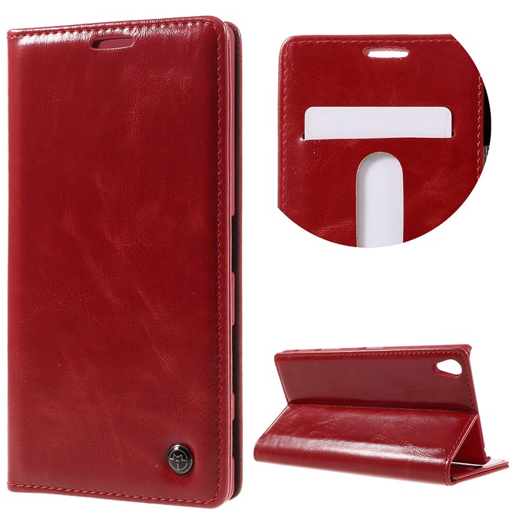 CASEME Oil Wax Crazy Horse Wallet Leather Magnetic Case for Sony Xperia Z5 Premium / Premium Dual - Red-1
