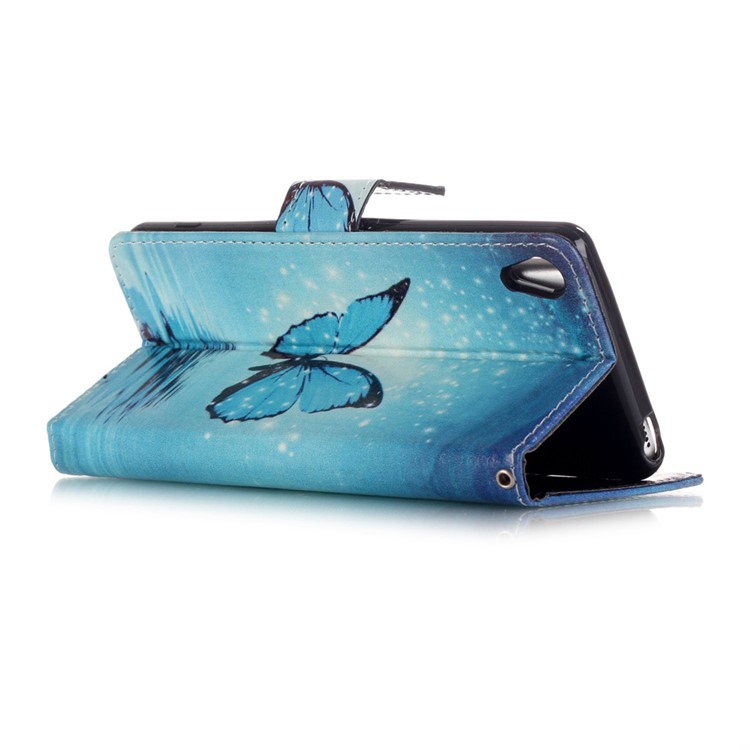 Leather Wallet Stand Case for Sony Xperia XA/XA Dual - Blue Butterfly Shiny Stars-3