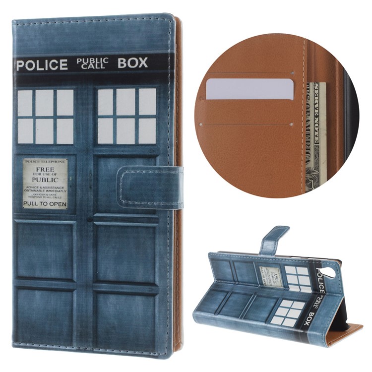 Patterned Leather Wallet Stand Case for Sony Xperia E5 - Police Public Call Box-1