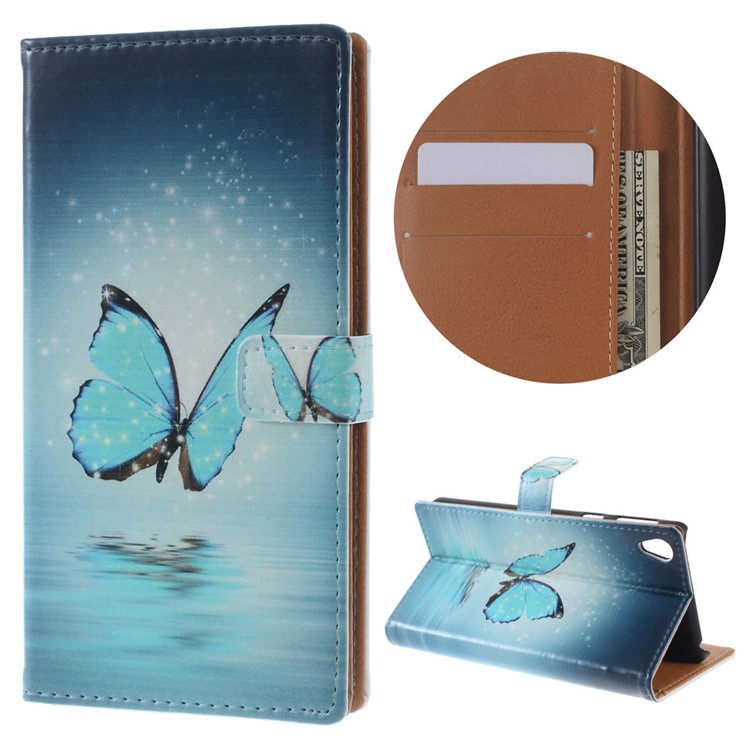 Illustration Leather Wallet Stand Cover for Sony Xperia E5 - Blue Butterfly on the Water-1