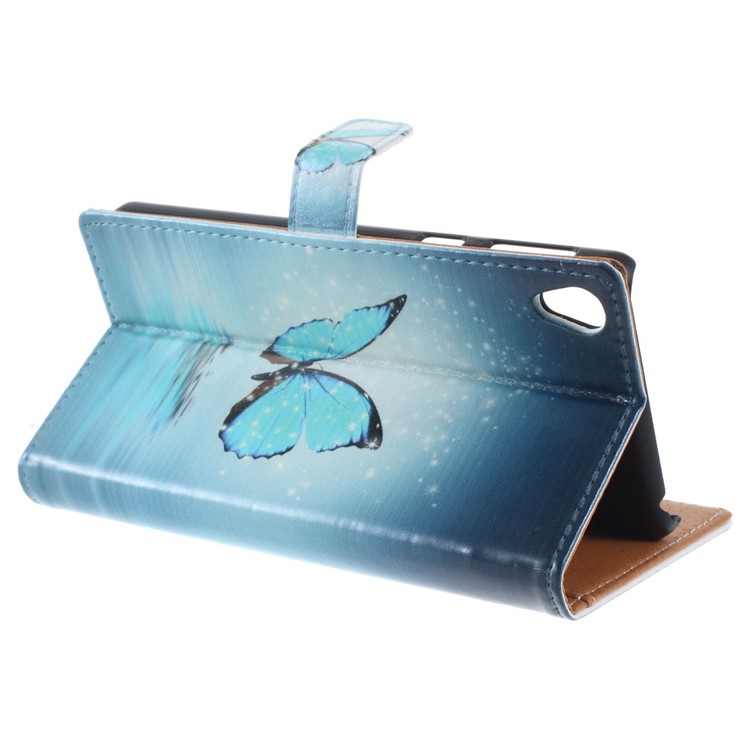 Illustration Leather Wallet Stand Cover for Sony Xperia E5 - Blue Butterfly on the Water-8