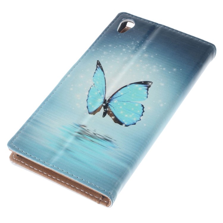 Illustration Leather Wallet Stand Cover for Sony Xperia E5 - Blue Butterfly on the Water-9