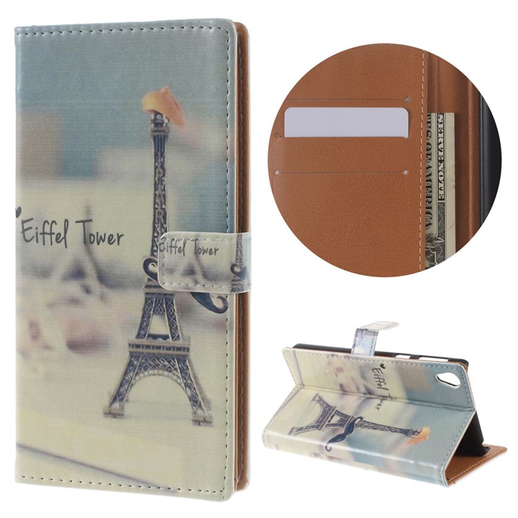 Pattern Printing Leather Wallet Stand Case for Sony Xperia E5 - Eiffel Tower and Mustache-1