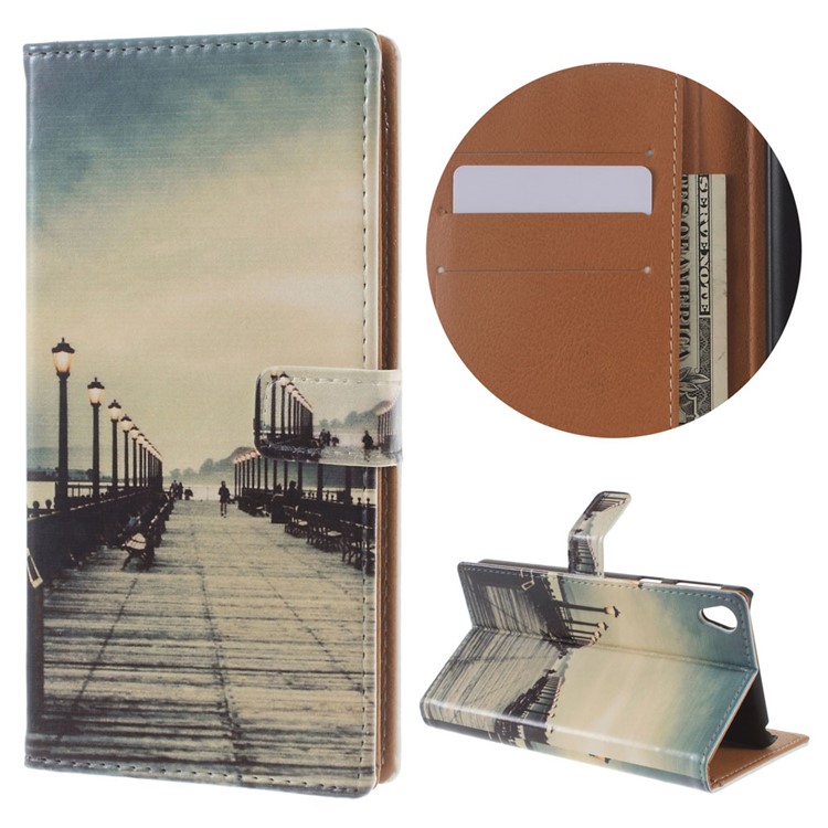 Pattern Printing Stand Leather Wallet Cover for Sony Xperia E5 - Dock at Sunset-1