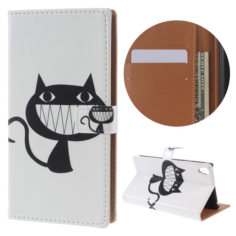Pattern Printing Leather Wallet Stand Shell for Sony Xperia E5 - Black Cat Smiling-1