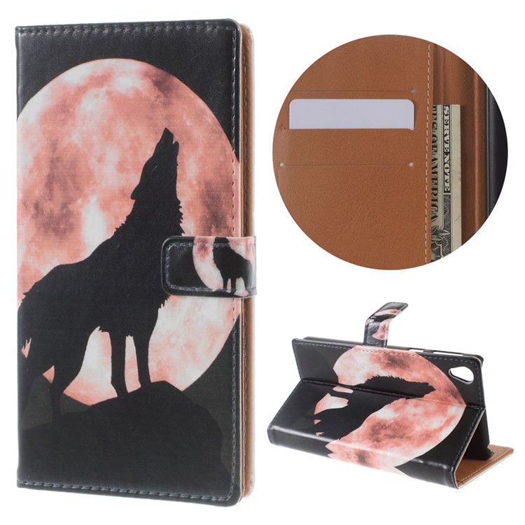 Illustration PU Leather Wallet Stand Case for Sony Xperia E5 - Wolf Howling at the Moon-1