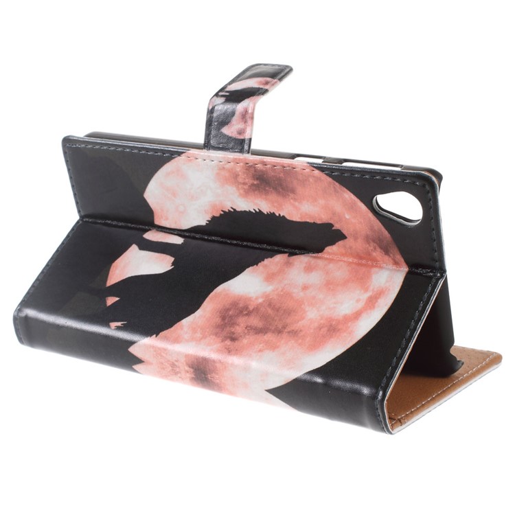 Illustration PU Leather Wallet Stand Case for Sony Xperia E5 - Wolf Howling at the Moon-6