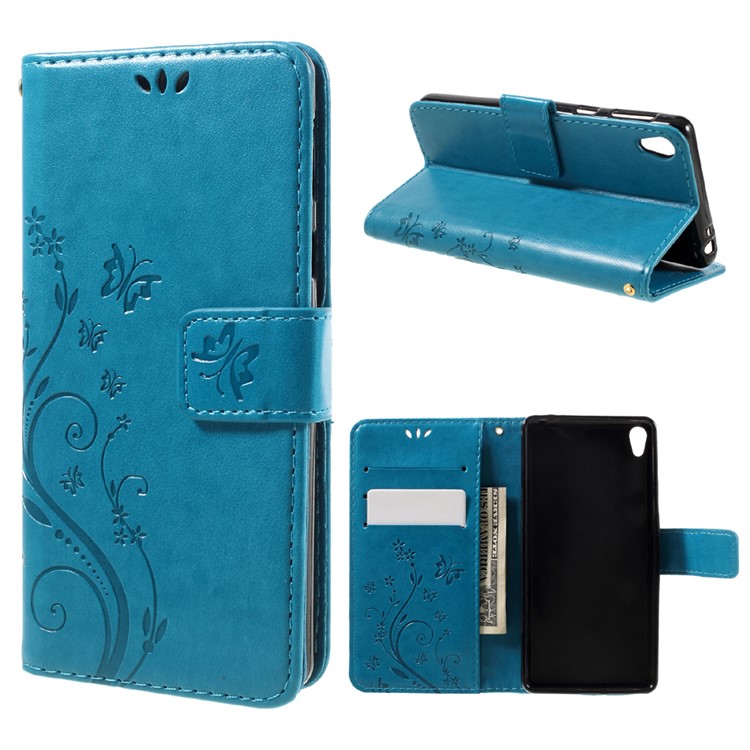 Card Holder Leather Stand Case for Sony Xperia E5 with Dual-sided Magnatic Strap - Baby Blue-1