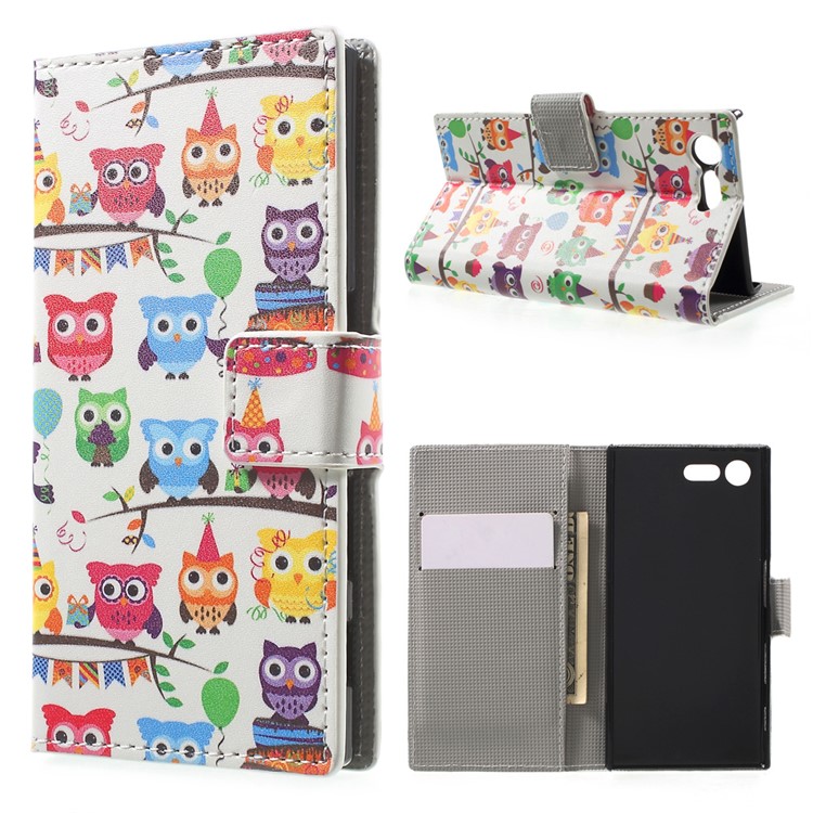For Sony Xperia X Compact Pattern Printing Folio Leather Wallet Stand Case - Multiple Colored Owls-1