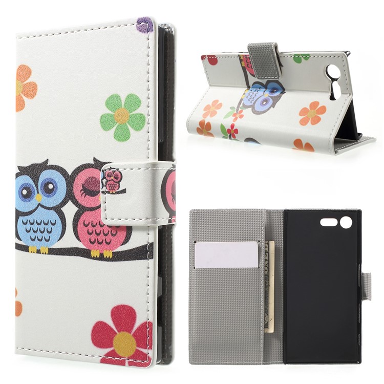 For Sony Xperia X Compact Folio PU Leather Wallet Stand Pattern Printing Case - Owl Couple-1