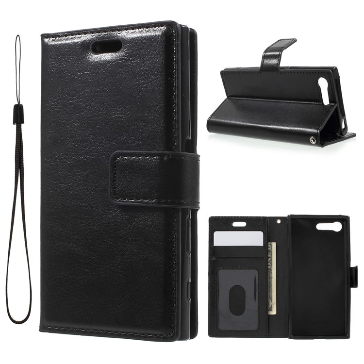 3-slot Wallet Crazy Horse Leather Case for Sony Xperia X Compact with Strap - Black-1
