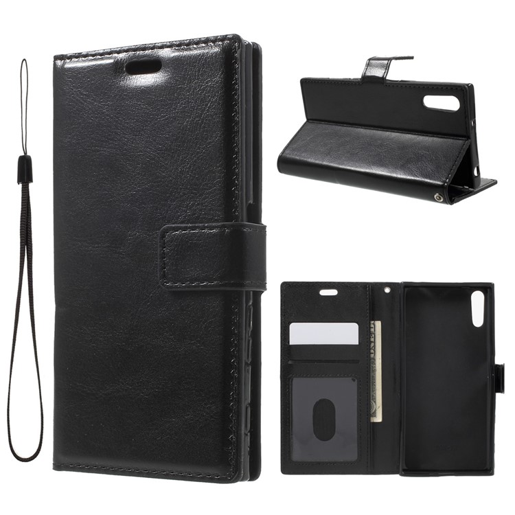 Crazy Horse Leather Wallet Stand Case for Sony Xperia XZs / XZ with Wrist Strap - Black-1