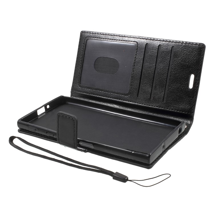 Crazy Horse Leather Wallet Stand Case for Sony Xperia XZs / XZ with Wrist Strap - Black-5
