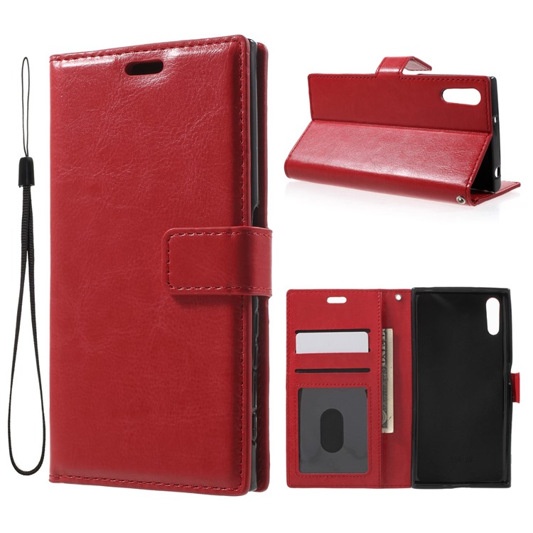Crazy Horse PU Leather Wallet Stand Shell for Sony Xperia XZs / XZ with Wrist Strap - Red-1