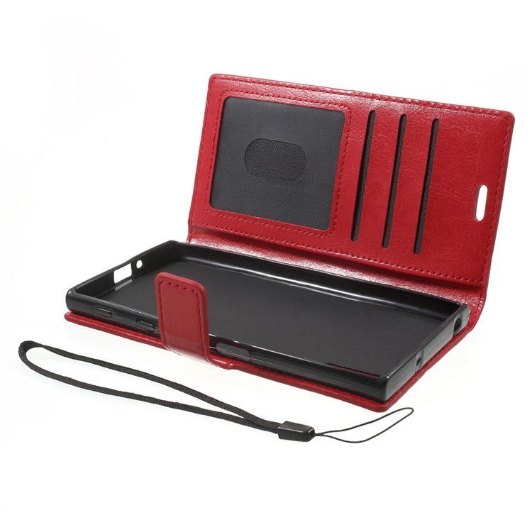 Crazy Horse PU Leather Wallet Stand Shell for Sony Xperia XZs / XZ with Wrist Strap - Red-5