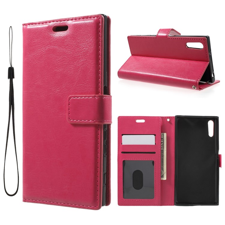 Crazy Horse Stand Leather Wallet Case for Sony Xperia XZs / XZ with Wrist Strap - Rose-1