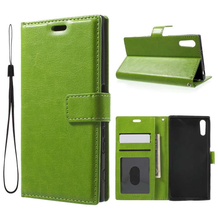 For Sony Xperia XZs / XZ Crazy Horse Magnetic Leather Wallet Stand Cover with Wrist Strap - Green-1
