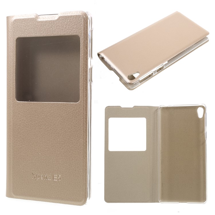 View Window Leather Protective Case for Sony Xperia E5 - Gold-1