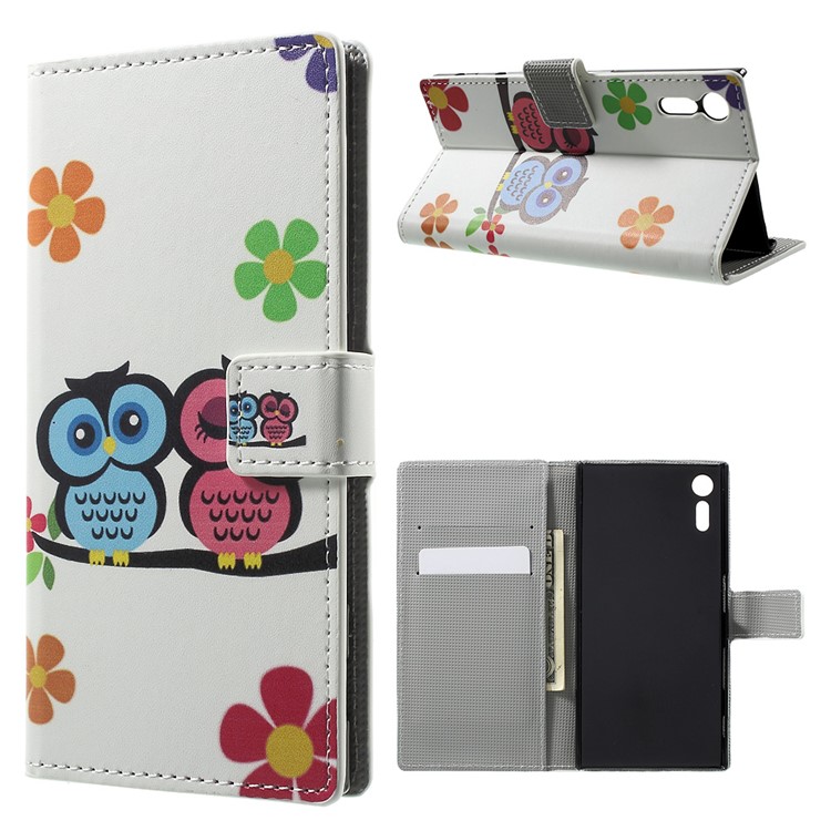 Patterned Leather Wallet Stand Shell for Sony Xperia XZs / XZ - Owl Couple-1