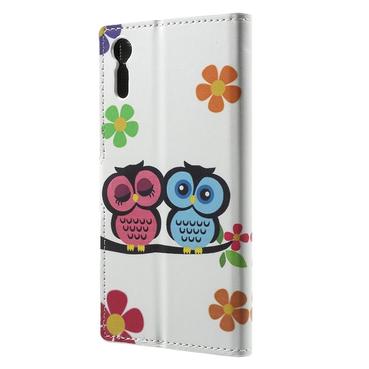 Patterned Leather Wallet Stand Shell for Sony Xperia XZs / XZ - Owl Couple-2
