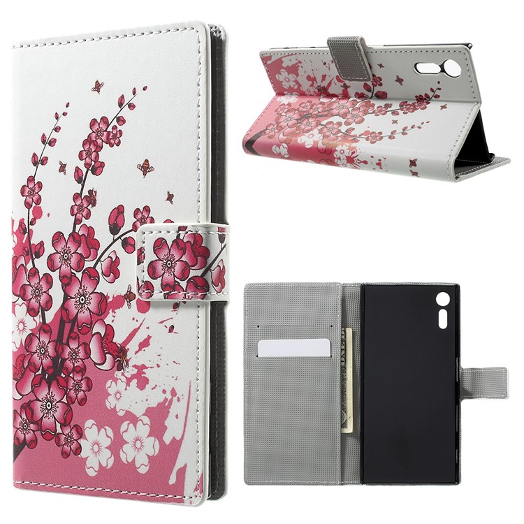 Pattern Printing Leather Wallet Phone Shell for Sony Xperia XZs / XZ - Plum Blossom-1