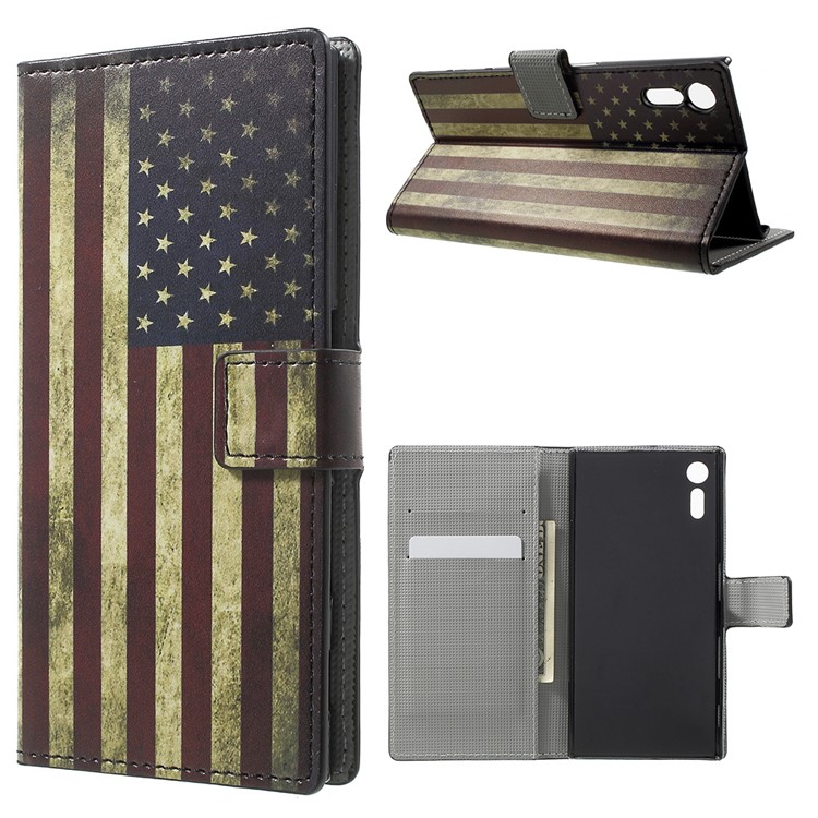 Patterned Leather Wallet Stand Protective Cover for Sony Xperia XZs / XZ - Retro American Flag-1