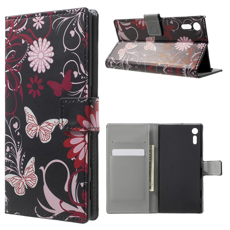 For Sony Xperia XZs / XZ Patterned Leather Wallet Stand Case - Flowers and Butterflies-1