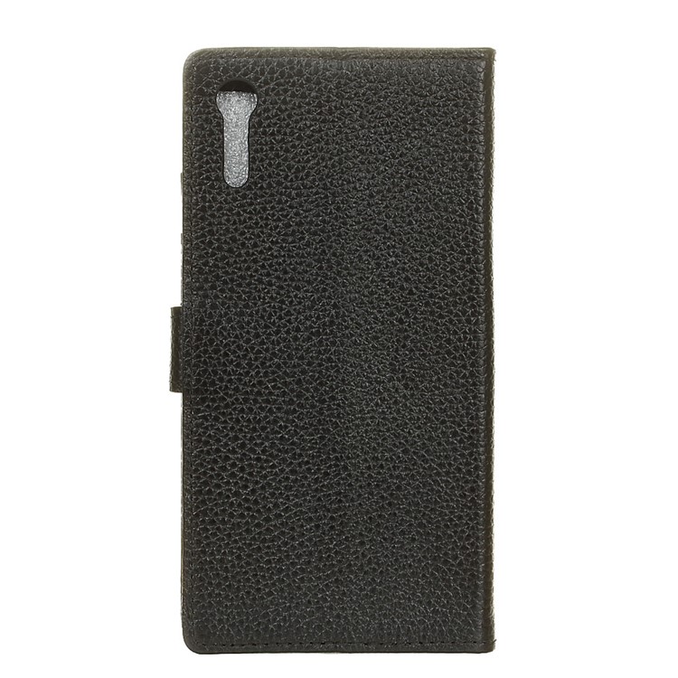 Litchi Genuine Leather Wallet Stand Case for Sony Xperia XZ - Black-2