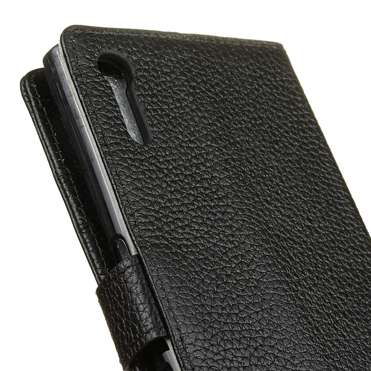Litchi Genuine Leather Wallet Stand Case for Sony Xperia XZ - Black-3