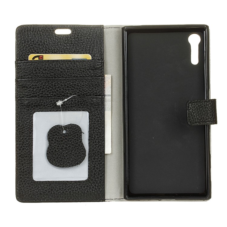 Litchi Genuine Leather Wallet Stand Case for Sony Xperia XZ - Black-4